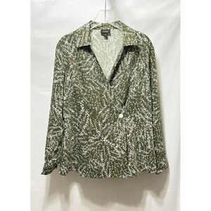 J.Jill Wrap Top Women XL Green White Leaf Print Long Sleeve Button Accent